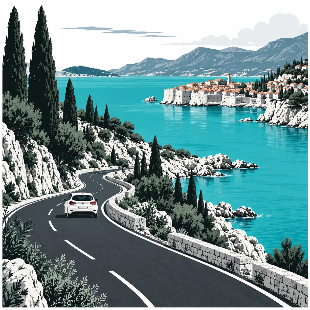 Illustrazione di una strada costiera vicino a Dubrovnik